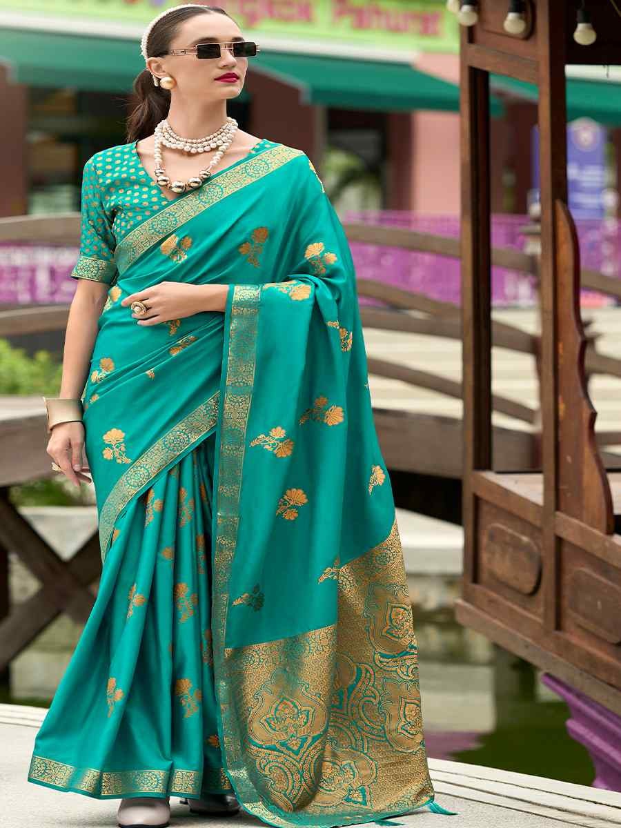 Honey Sky Blue Pure Satin Silk Handwoven Saree