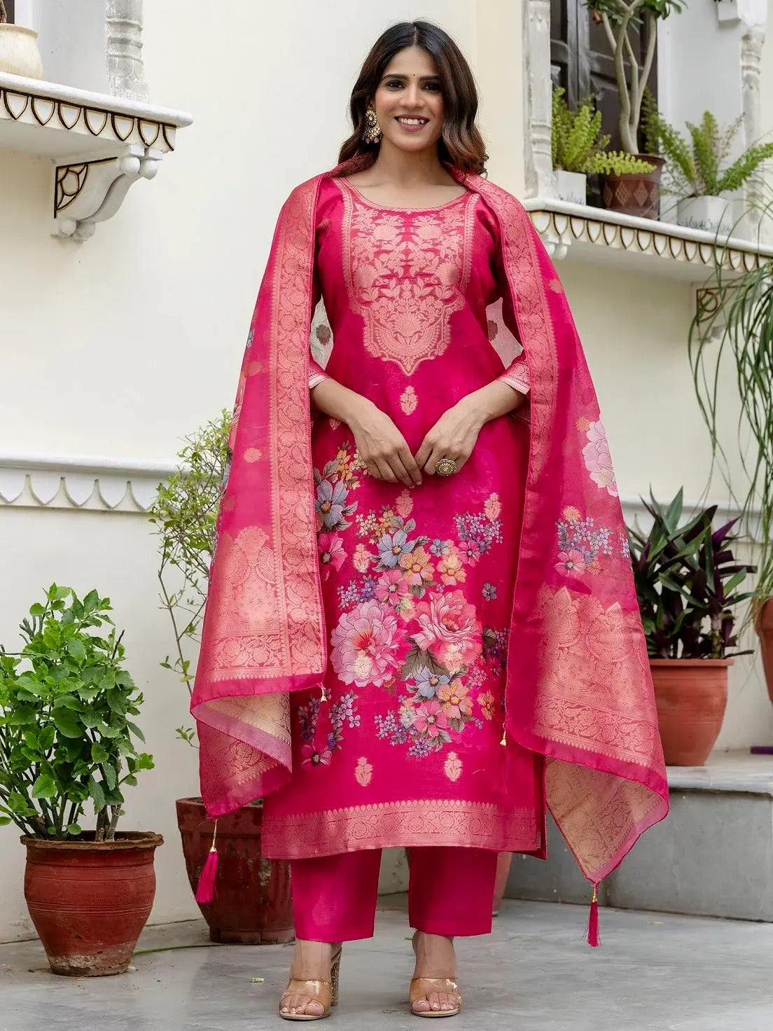 Scrupulous Hot Pink Viscose Chanderi Silk Zari Weaving Suit Set