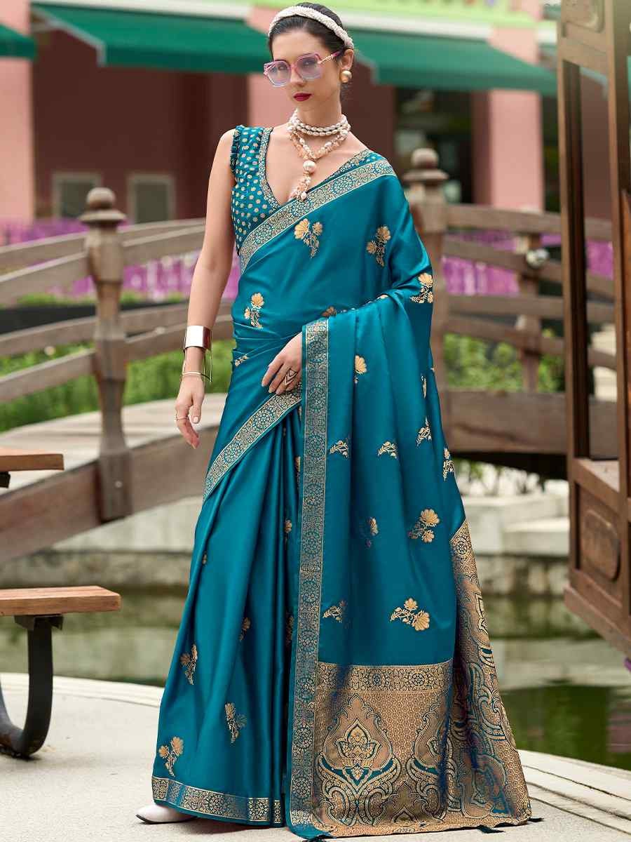 Honey Teal Blue Pure Satin Silk Handwoven Saree