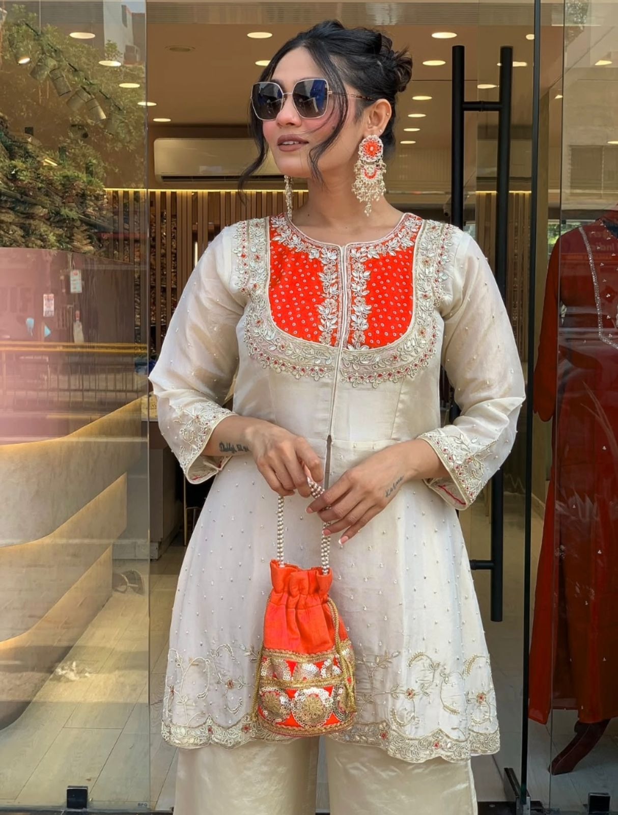 Precious Orange Gold Crush Embroidery Coding Sequence Work Salwar Suit