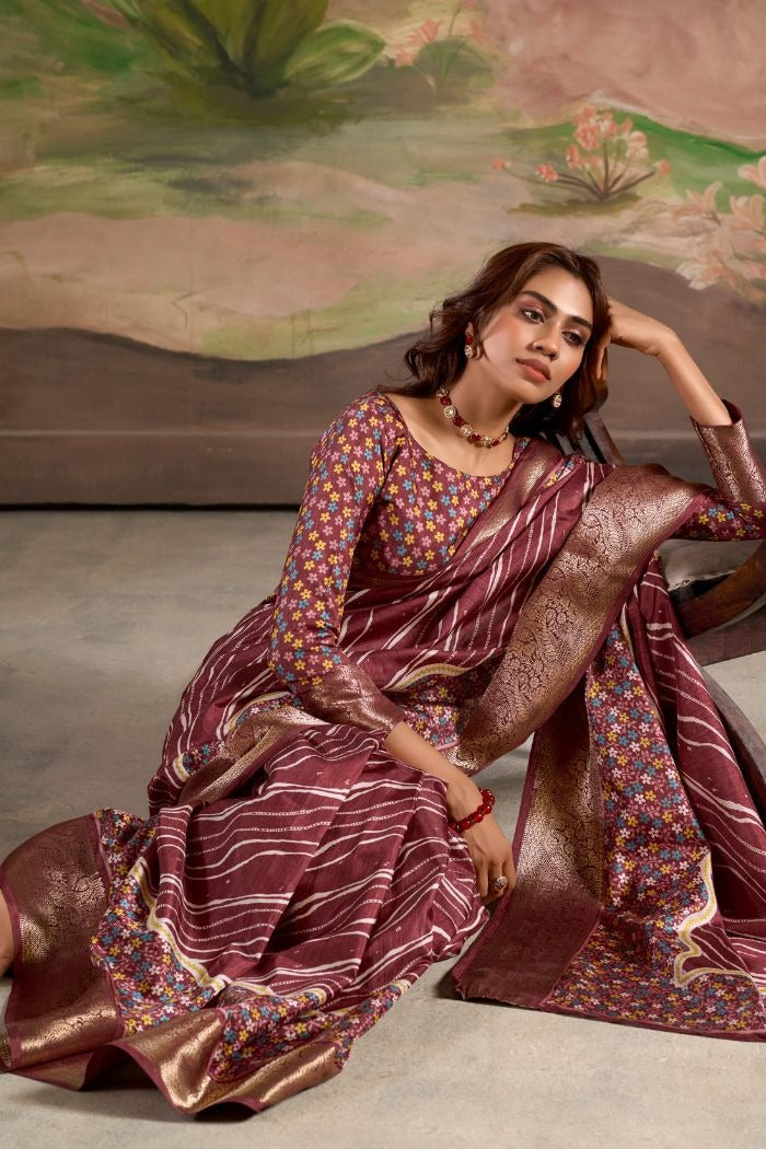 Jamoon Wine Malai Dola Silk Woven Saree
