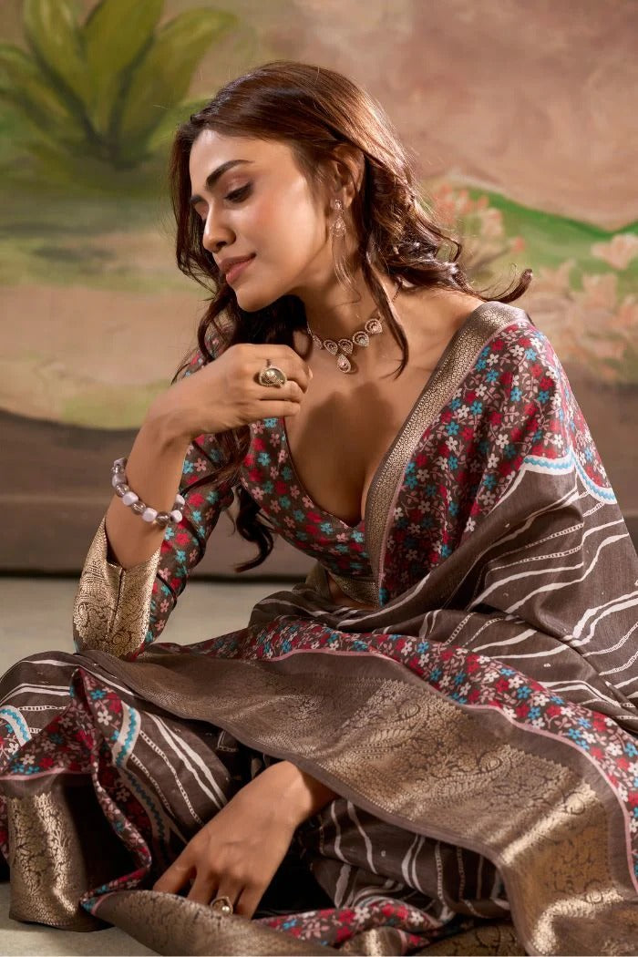 Jamoon Clay Brown Malai Dola Silk Woven Saree