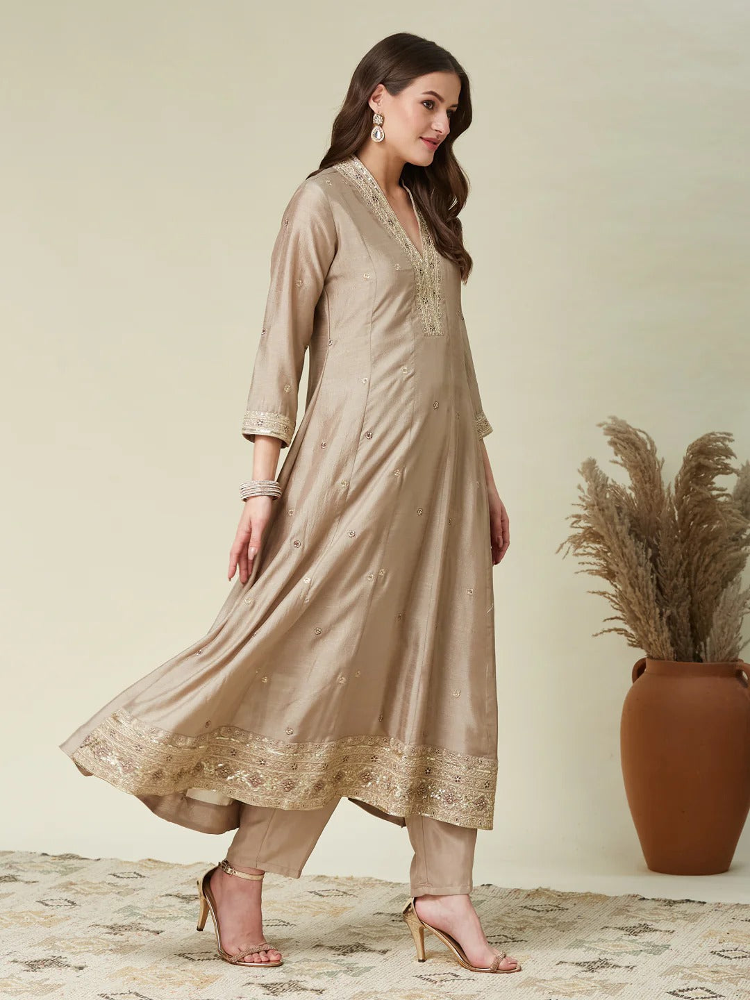 Splendorous Pale Brown Vichhitra Silk Embroidery Work Anarkali Suit Set