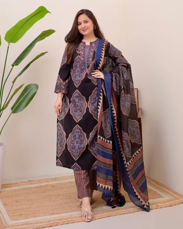 Fairytale Black Cotton Ajrakh Printed Suit Set