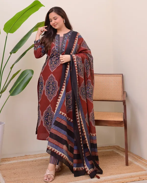 Flamboyant Maroon Cotton Ajrakh Printed Suit Set