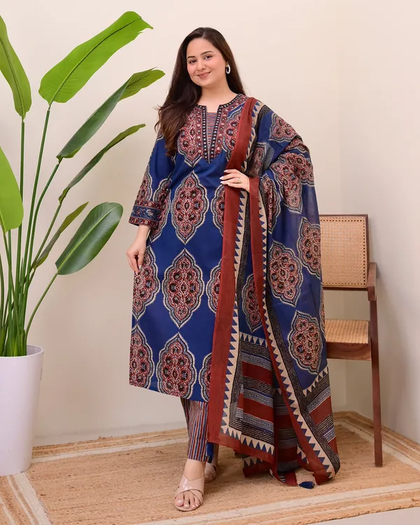 Deserving Royal Blue Cotton Ajrakh Printed Suit Set