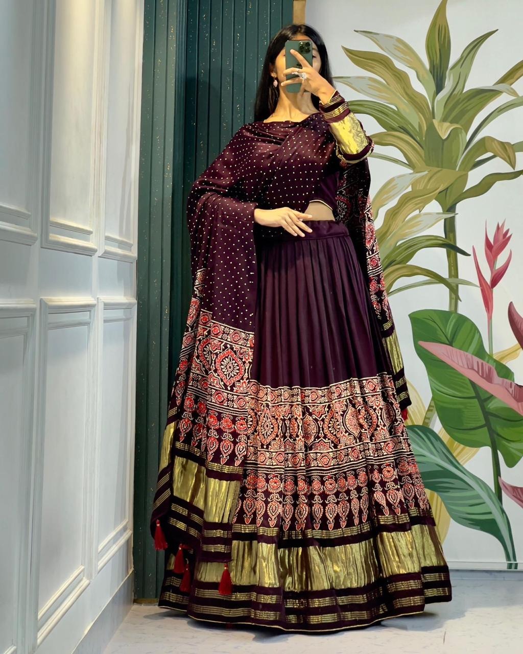 Mesmeric Wine Ajrakh Hand Block Pure Modal Silk Lehenga Choli With Lagdi Patta