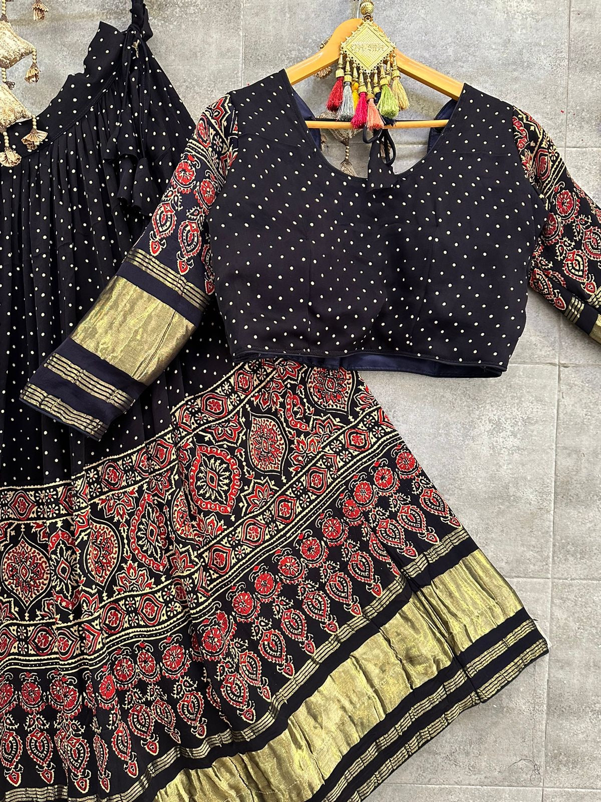 Lassitude Blue Ajrakh Hand Block Pure Modal Silk Lehenga Choli With Lagdi Patta