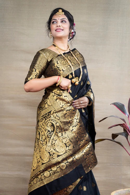 Glorious Black Soft Banarasi Silk Weaving Saree
