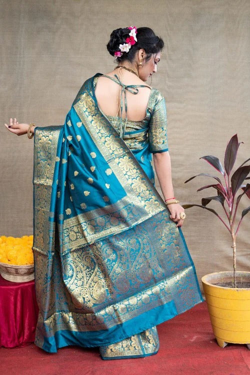 Delightful Sky Blue Soft Banarasi Silk Weaving Saree