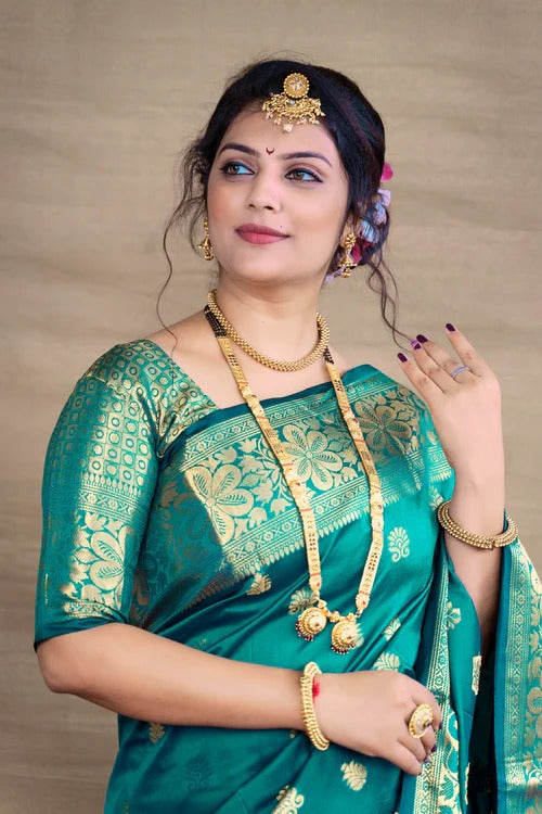 Preferable Rama Soft Banarasi Silk Weaving Saree
