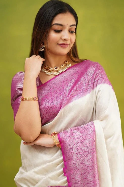 Charming White Soft Silk Weaving Saree