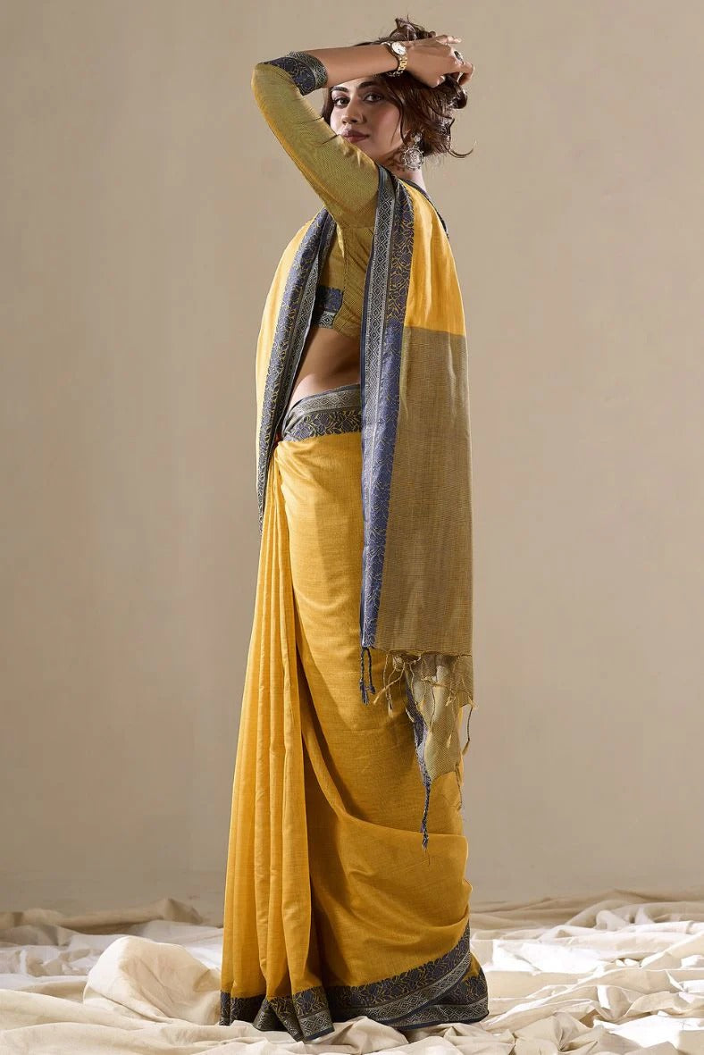 Abhilasha Yellow Linen Cotton Silk Handloom Saree