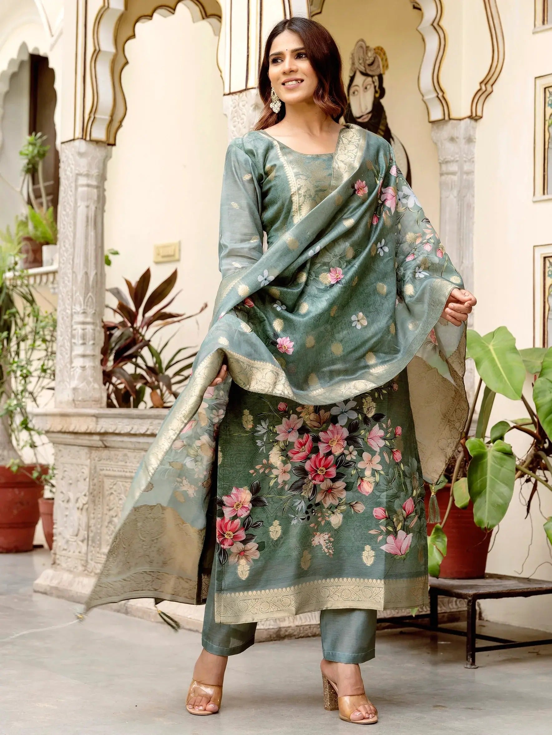 Redolent Grey Viscose Chanderi Silk Zari Weaving Suit Set