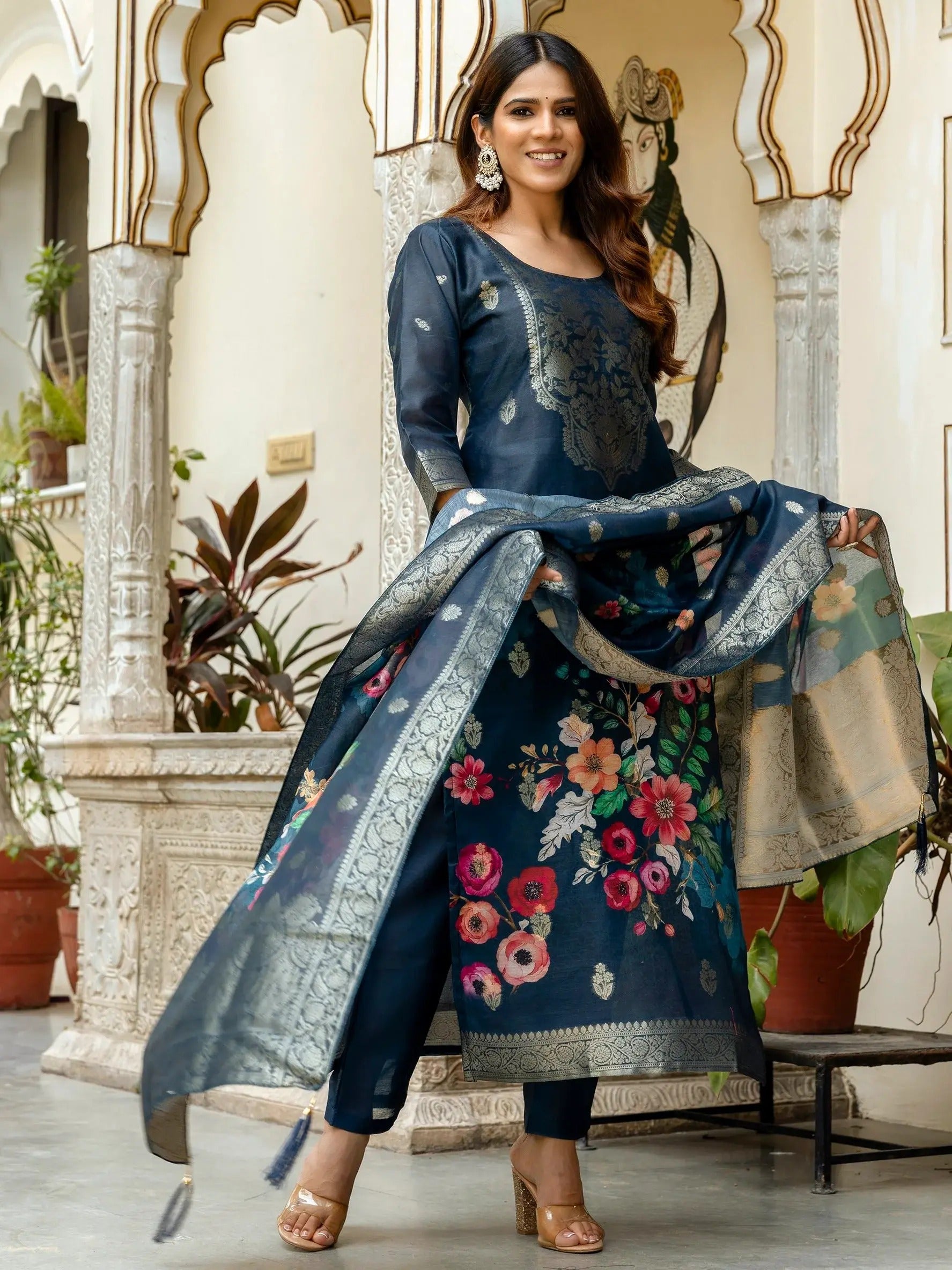 Glamorou Navy Blue Viscose Chanderi Silk Zari Weaving Suit Set