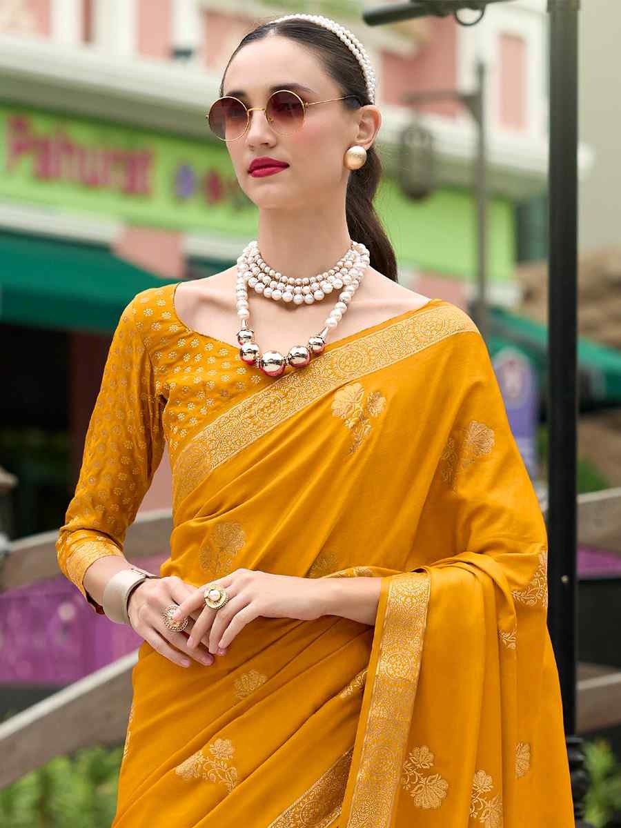 Honey Yellow Pure Satin Silk Handwoven Saree