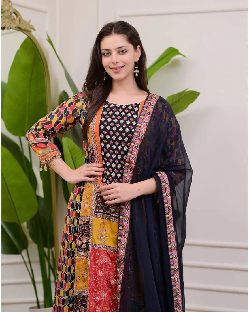 Tempting Multicolour Chinon Digital Print Embroidery Work Suit Set