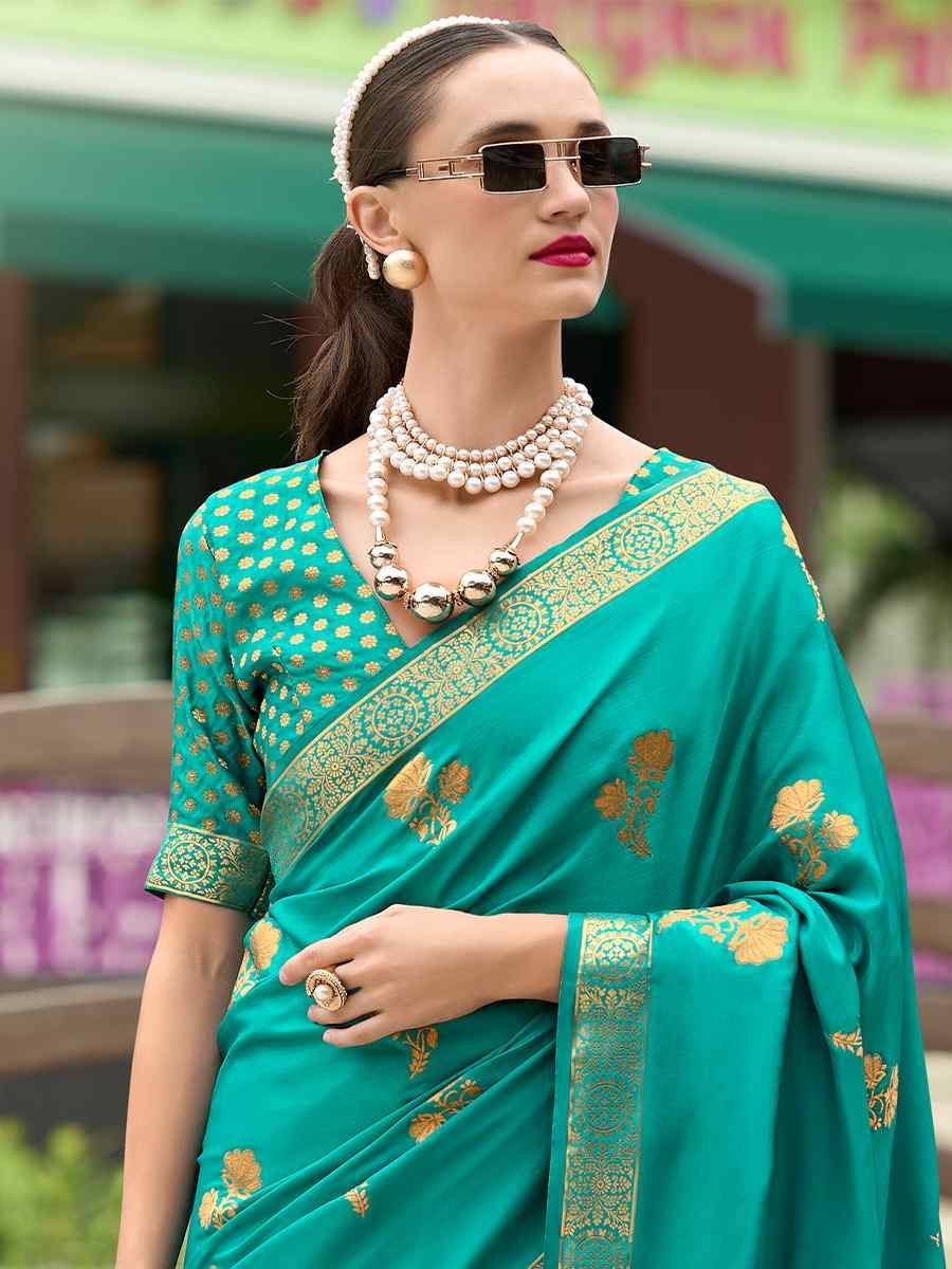 Honey Sky Blue Pure Satin Silk Handwoven Saree