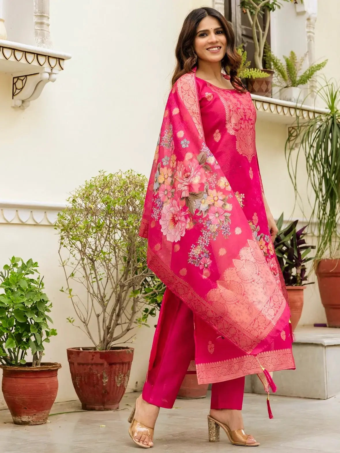 Scrupulous Hot Pink Viscose Chanderi Silk Zari Weaving Suit Set