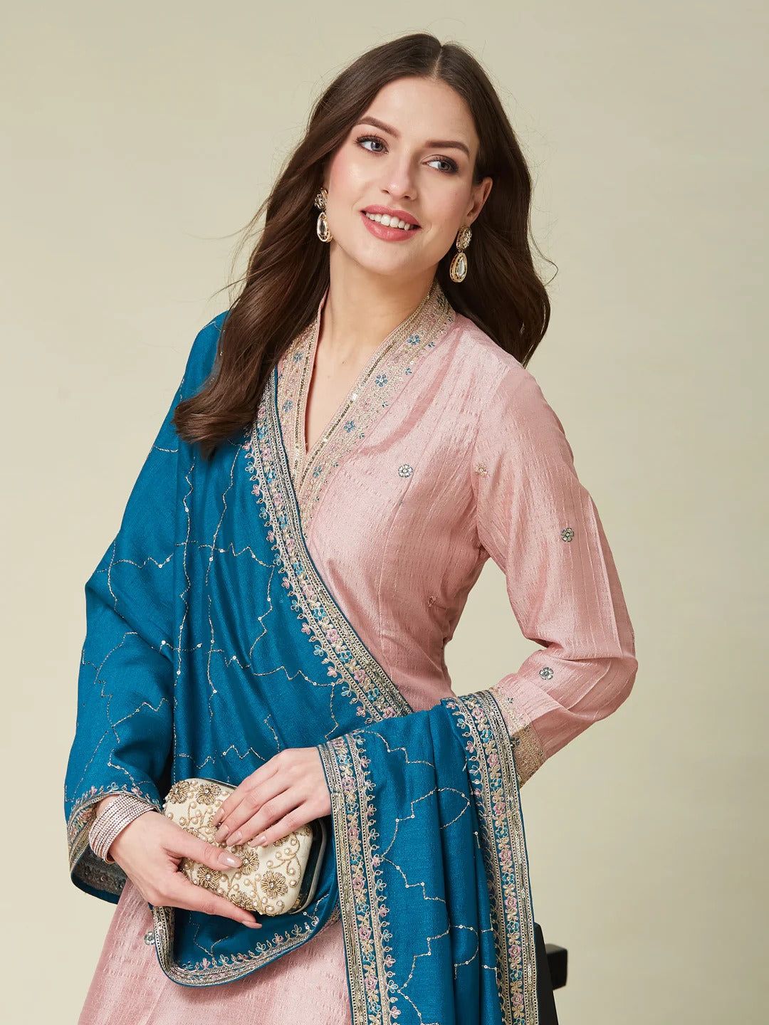 Desirable Baby Pink Vichhitra Silk Embroidery Work Anarkali Suit Set