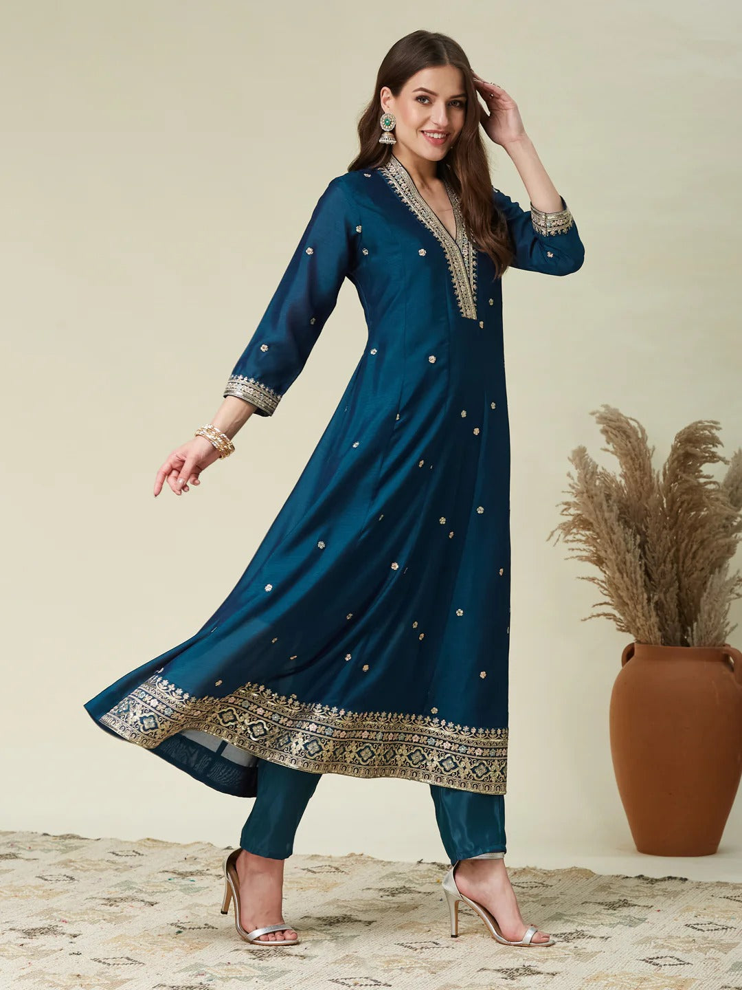 Prettiest Navy Blue Vichhitra Silk Embroidery Work Anarkali Suit Set