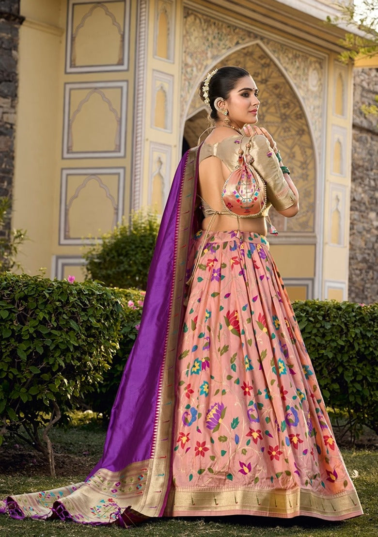 Peach Weaved Zari Jacquard Silk Paithani Lehenga Choli