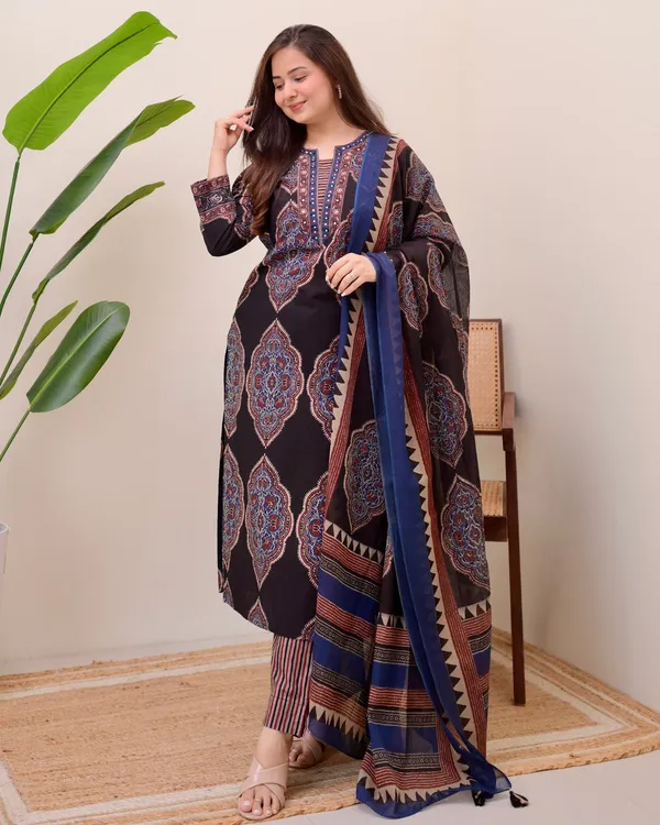 Fairytale Black Cotton Ajrakh Printed Suit Set