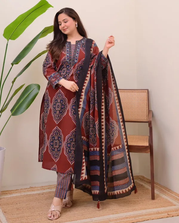 Flamboyant Maroon Cotton Ajrakh Printed Suit Set