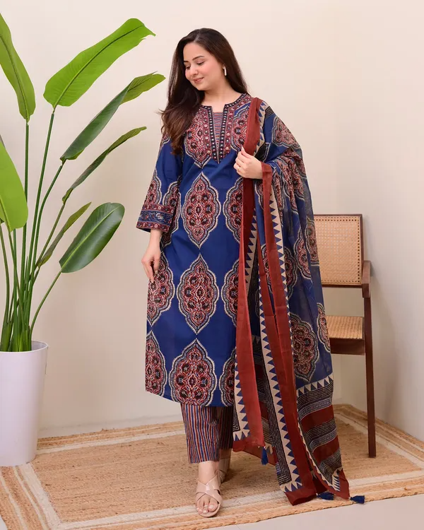 Deserving Royal Blue Cotton Ajrakh Printed Suit Set