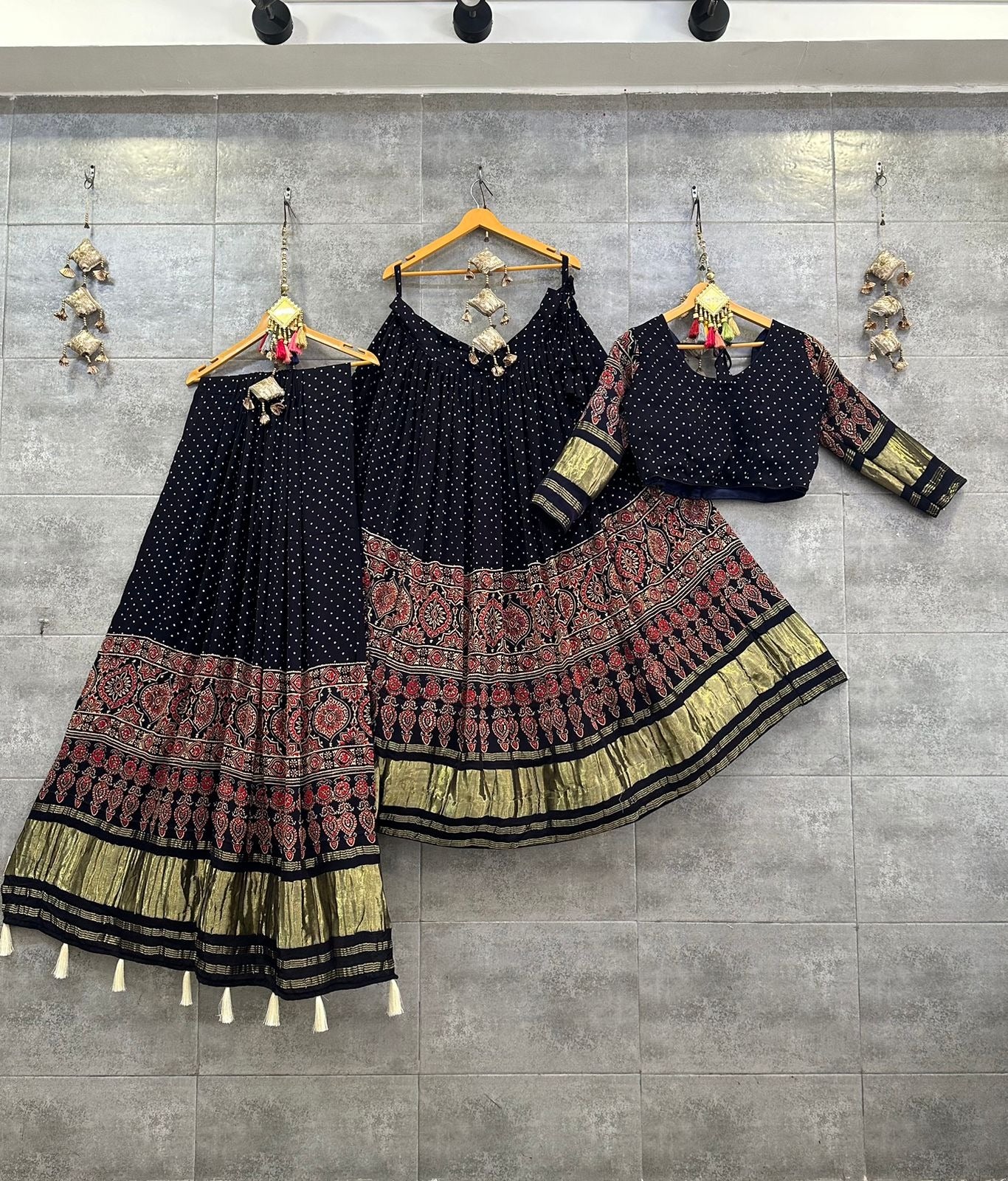 Lassitude Blue Ajrakh Hand Block Pure Modal Silk Lehenga Choli With Lagdi Patta