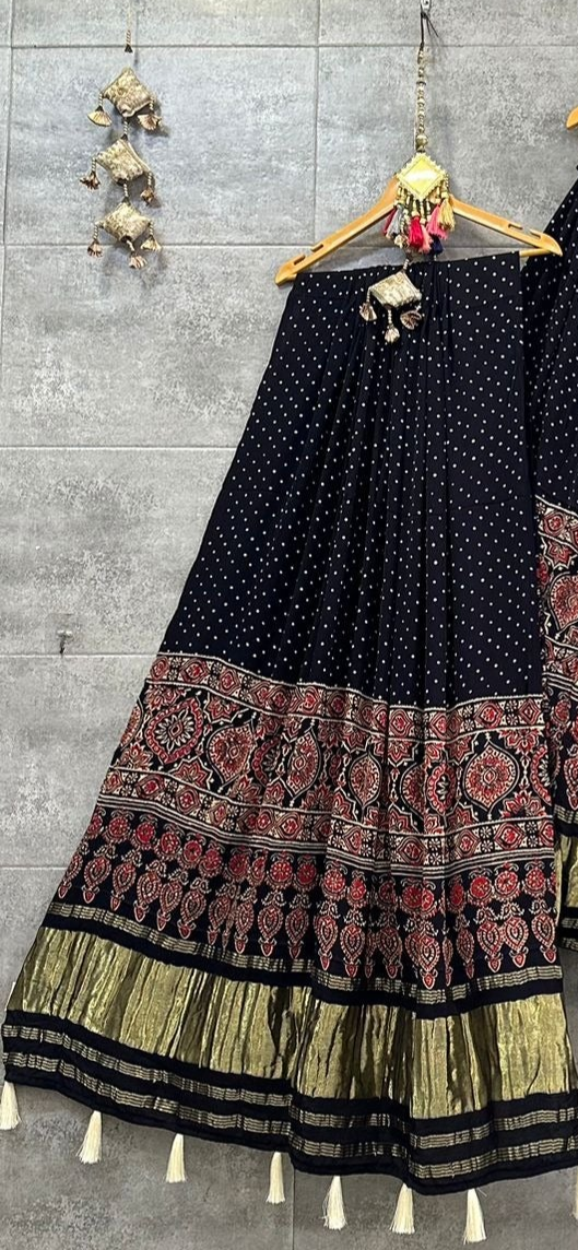 Lassitude Blue Ajrakh Hand Block Pure Modal Silk Lehenga Choli With Lagdi Patta