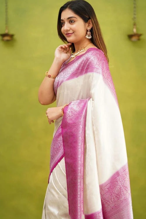 Charming White Soft Silk Weaving Saree