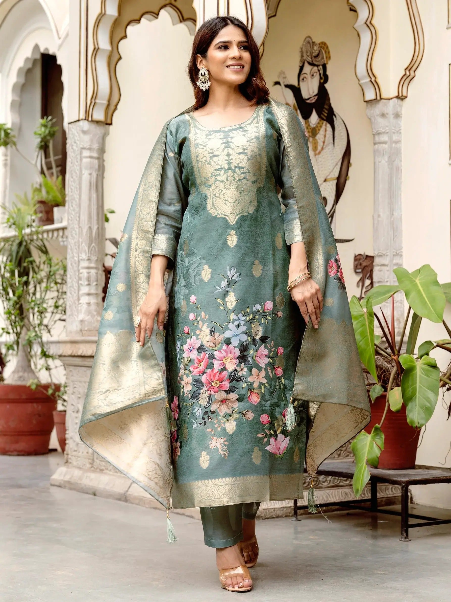 Redolent Grey Viscose Chanderi Silk Zari Weaving Suit Set