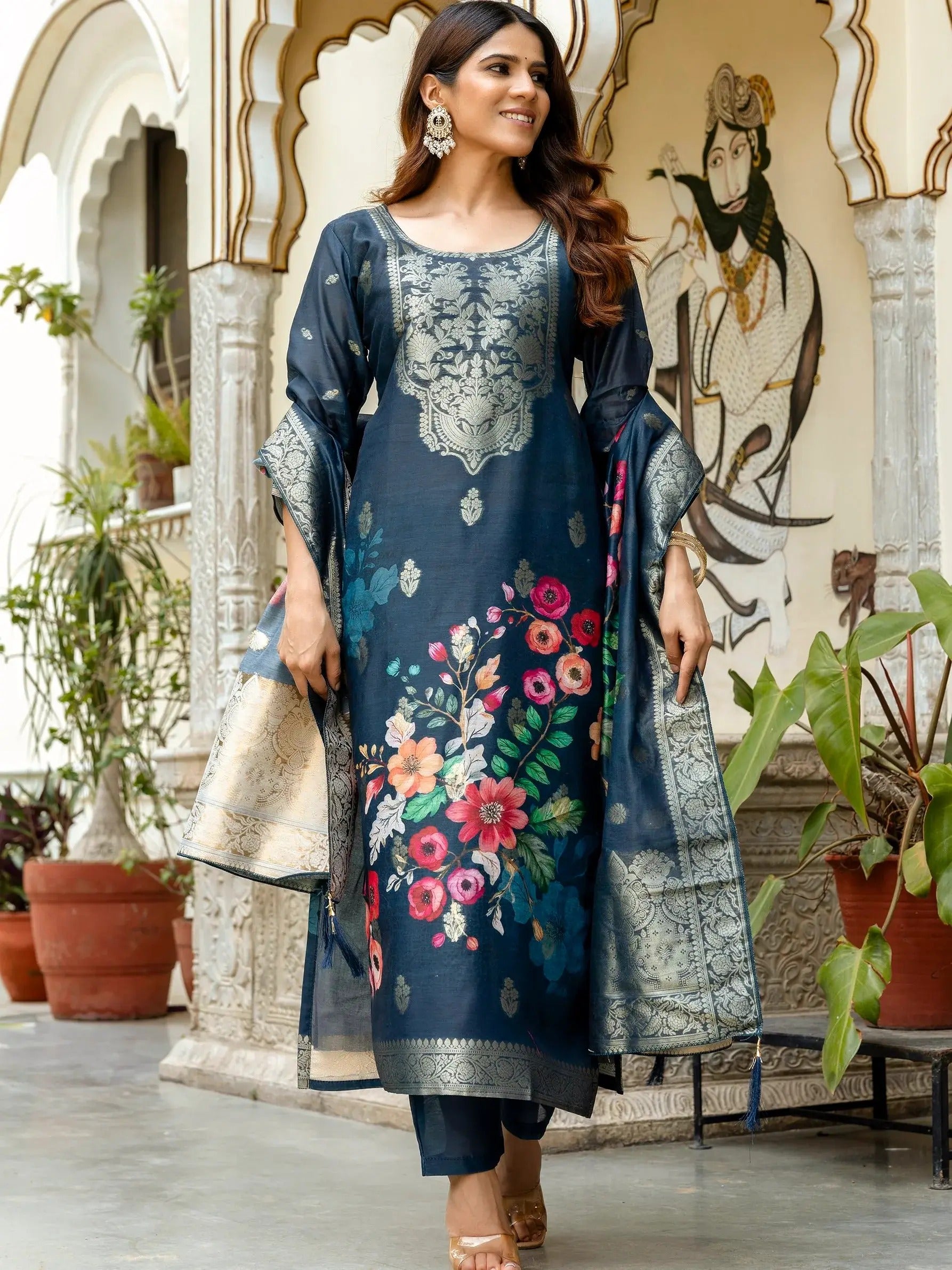 Glamorou Navy Blue Viscose Chanderi Silk Zari Weaving Suit Set