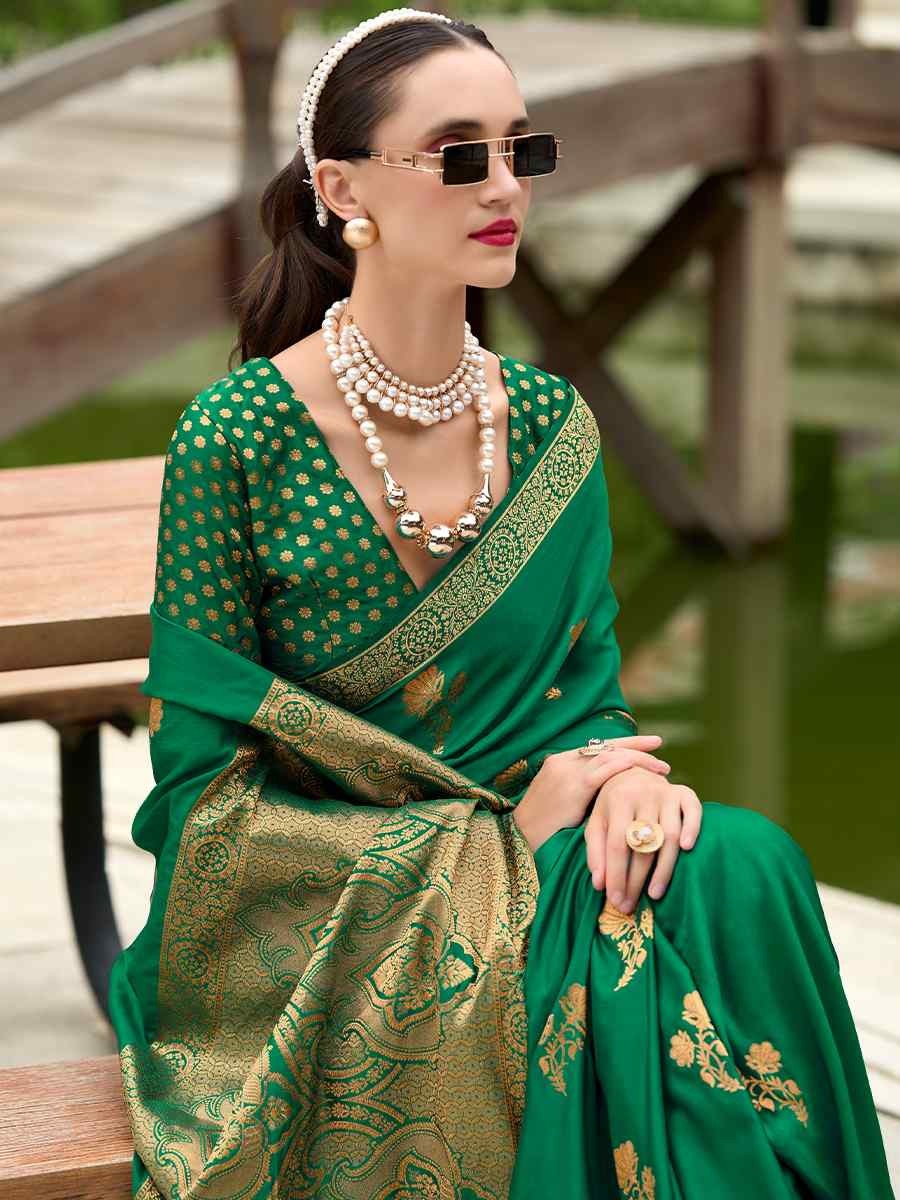 Honey Green Pure Satin Silk Handwoven Saree