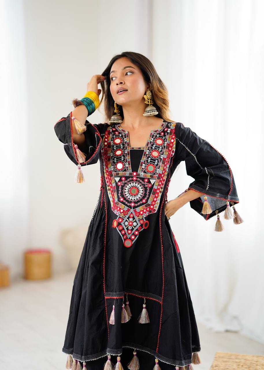 Black Soft Reyon Embroidery thread work And original mirror work with tassels