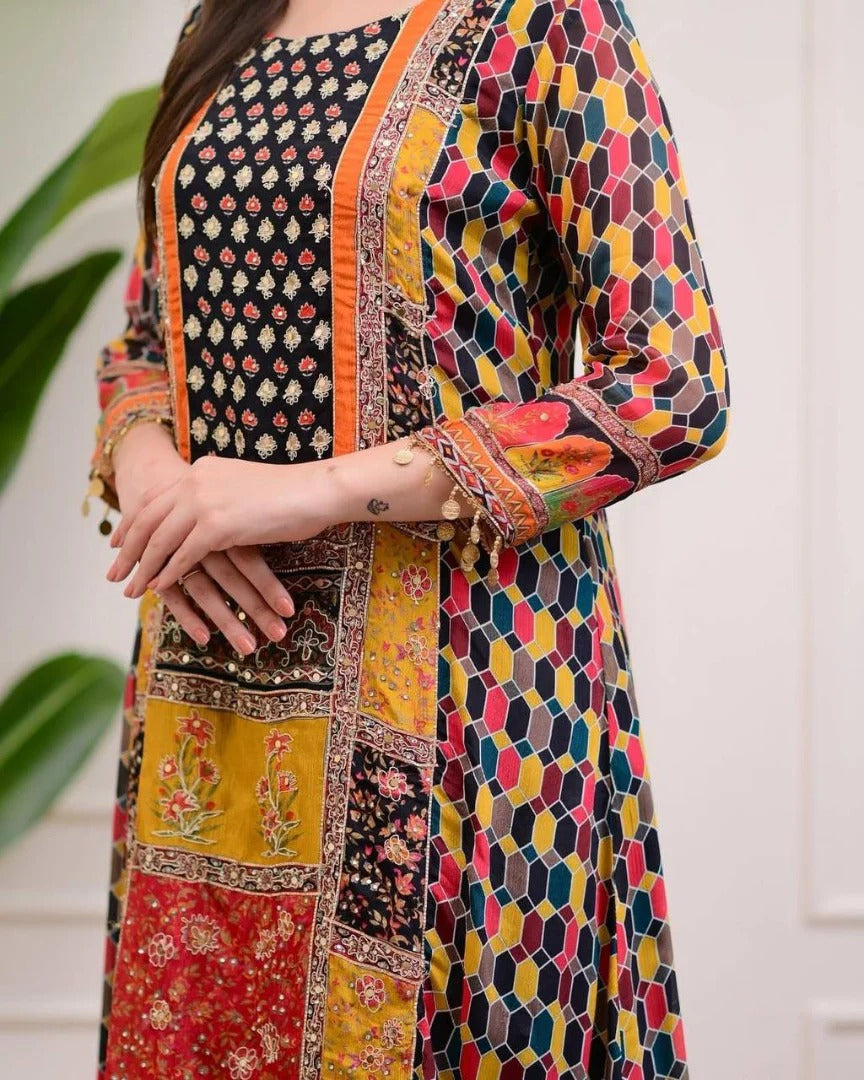 Tempting Multicolour Chinon Digital Print Embroidery Work Suit Set
