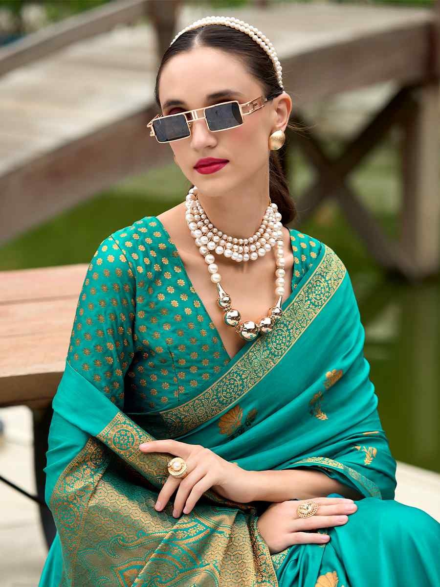 Honey Sky Blue Pure Satin Silk Handwoven Saree