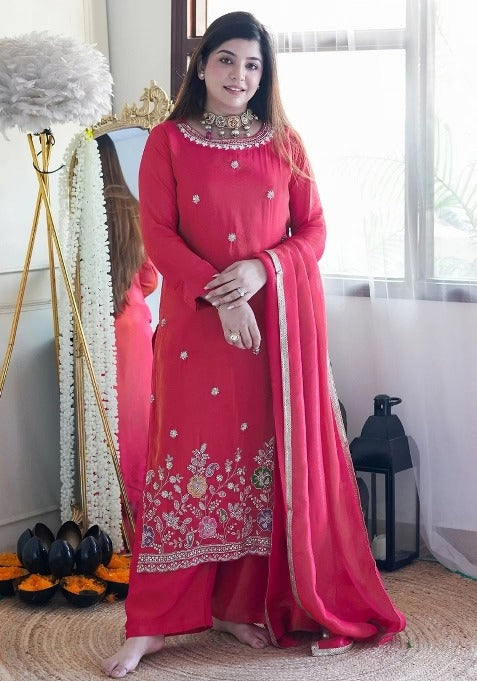 Redolent Berry Pure Tesla Silk Embroidered Suit Set