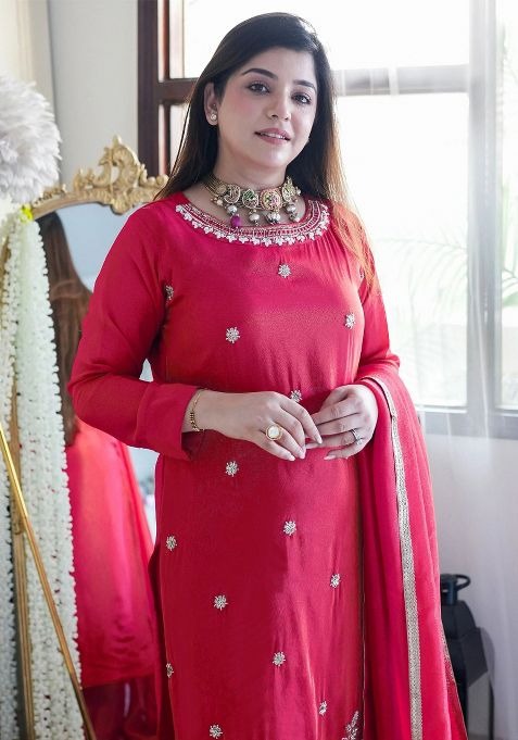 Redolent Berry Pure Tesla Silk Embroidered Suit Set