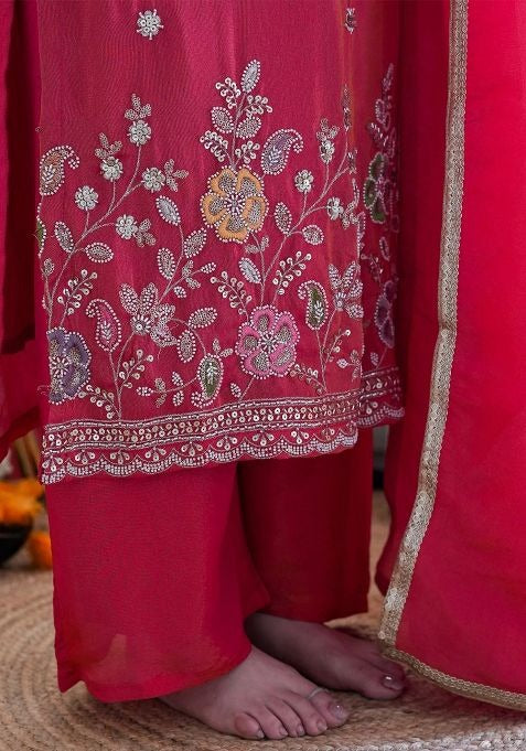 Redolent Berry Pure Tesla Silk Embroidered Suit Set