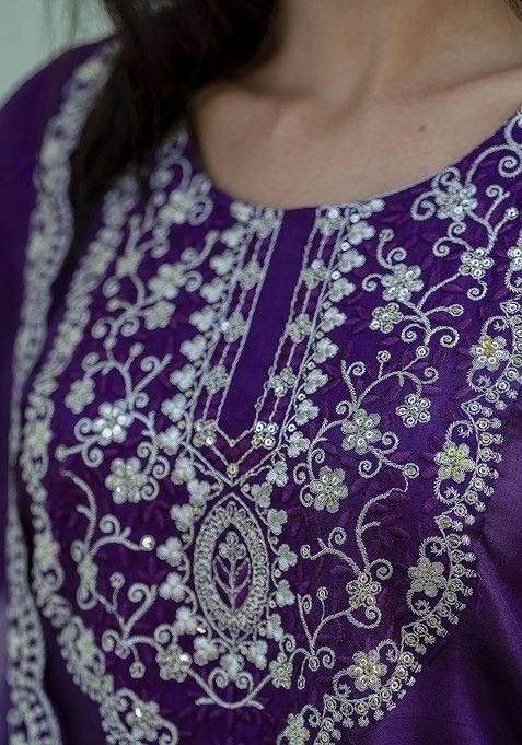 Ravishing Purple Roman Silk Embroidered Work Suit Set