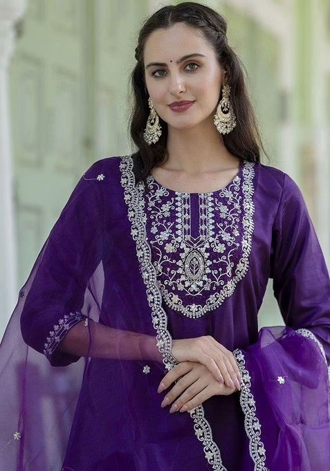 Ravishing Purple Roman Silk Embroidered Work Suit Set