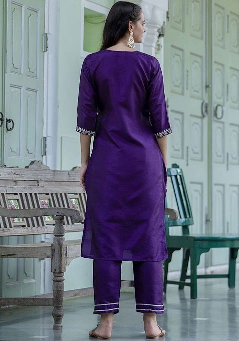 Ravishing Purple Roman Silk Embroidered Work Suit Set
