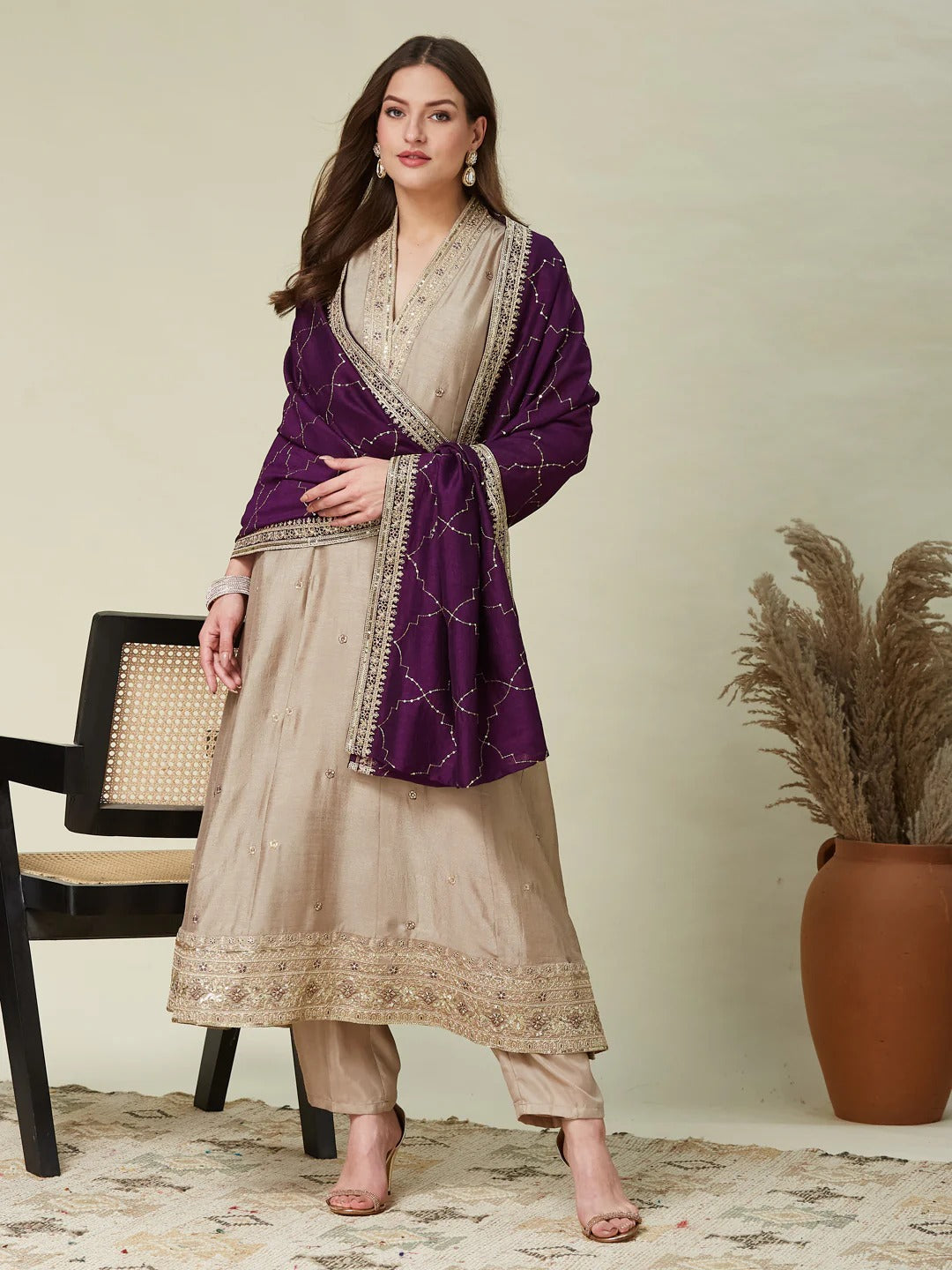 Splendorous Pale Brown Vichhitra Silk Embroidery Work Anarkali Suit Set