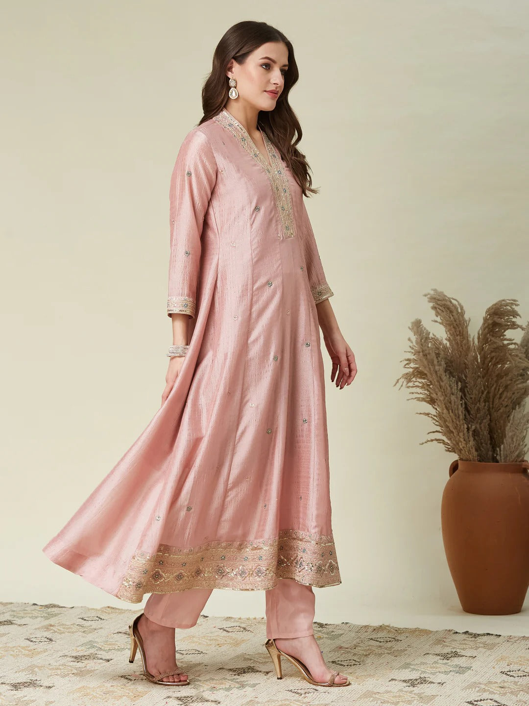 Desirable Baby Pink Vichhitra Silk Embroidery Work Anarkali Suit Set
