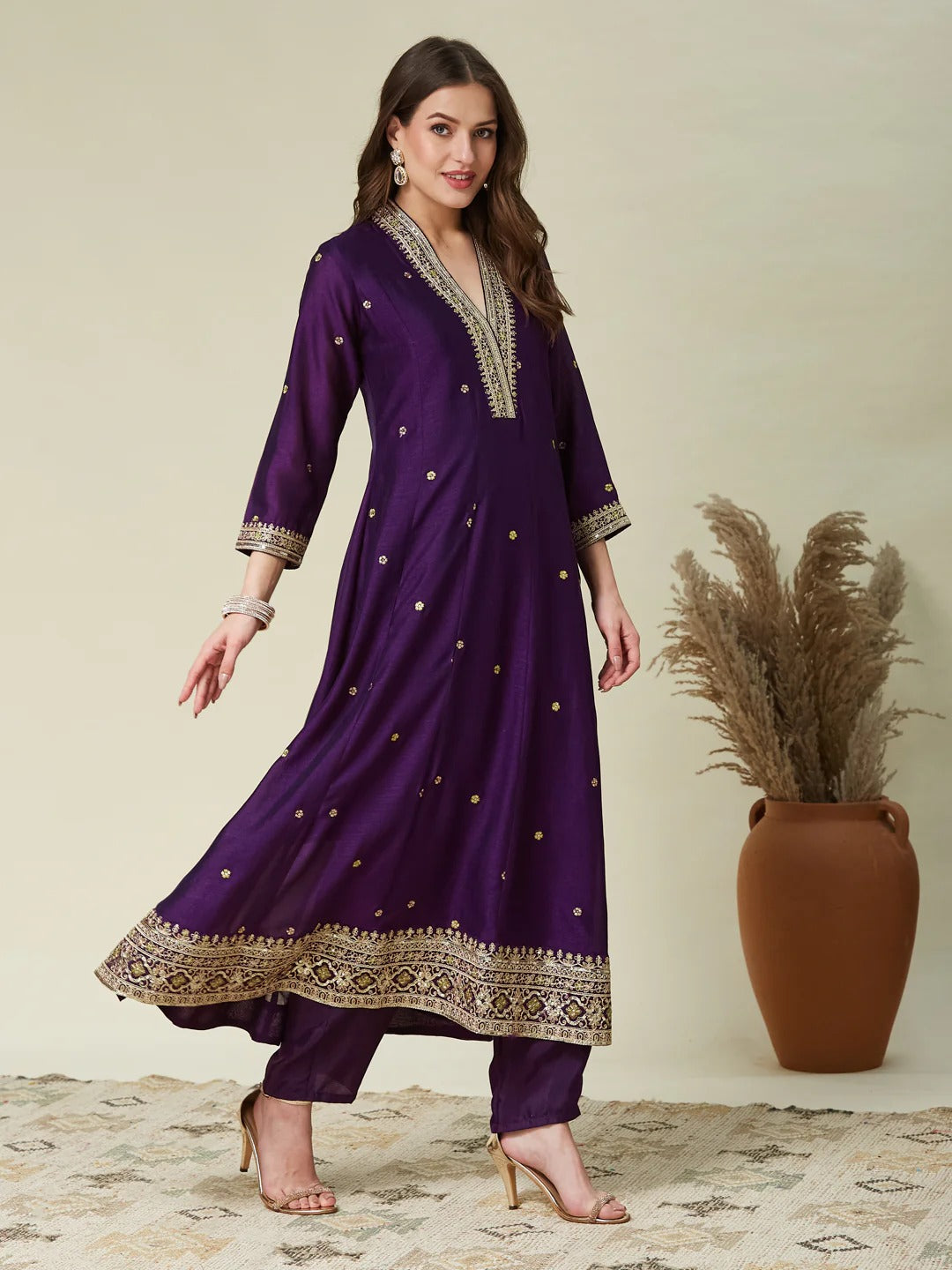 Desultory Purple Vichhitra Silk Embroidery Work Anarkali Suit Set