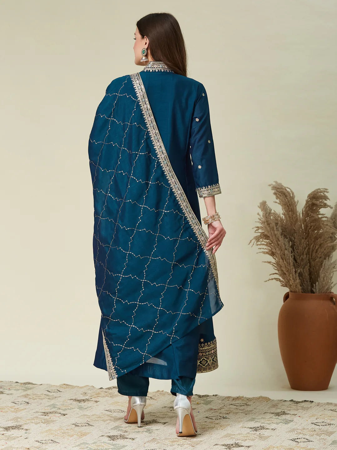 Prettiest Navy Blue Vichhitra Silk Embroidery Work Anarkali Suit Set