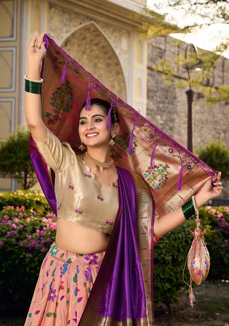 Peach Weaved Zari Jacquard Silk Paithani Lehenga Choli