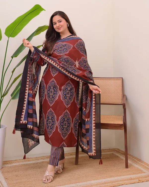 Flamboyant Maroon Cotton Ajrakh Printed Suit Set